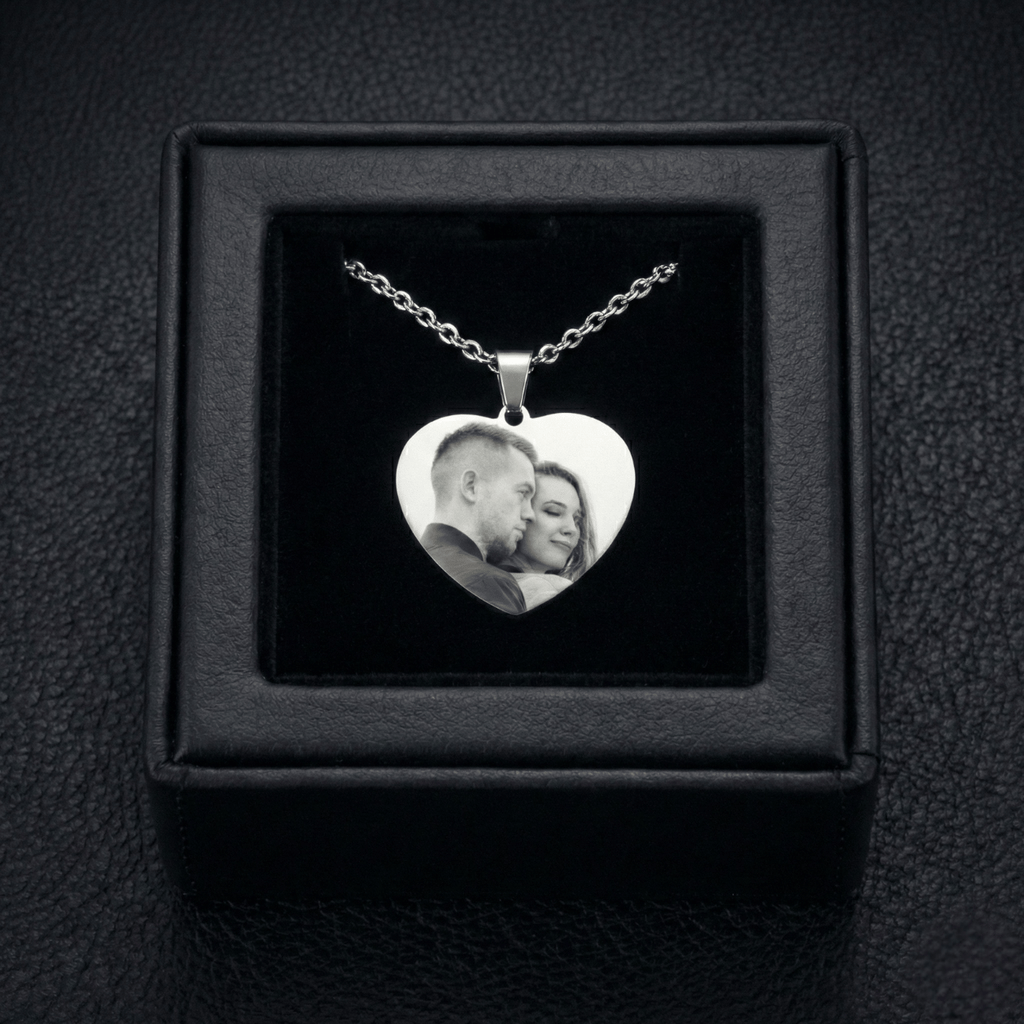 Collier Photo Personnalisé en Acier Inoxydable - Pendentif Cœur Gravé