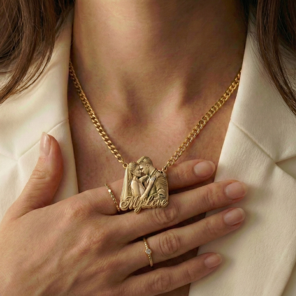 Pendentif Plaque Personnalisé avec Photo - Collier Gravure Portrait et Prénom